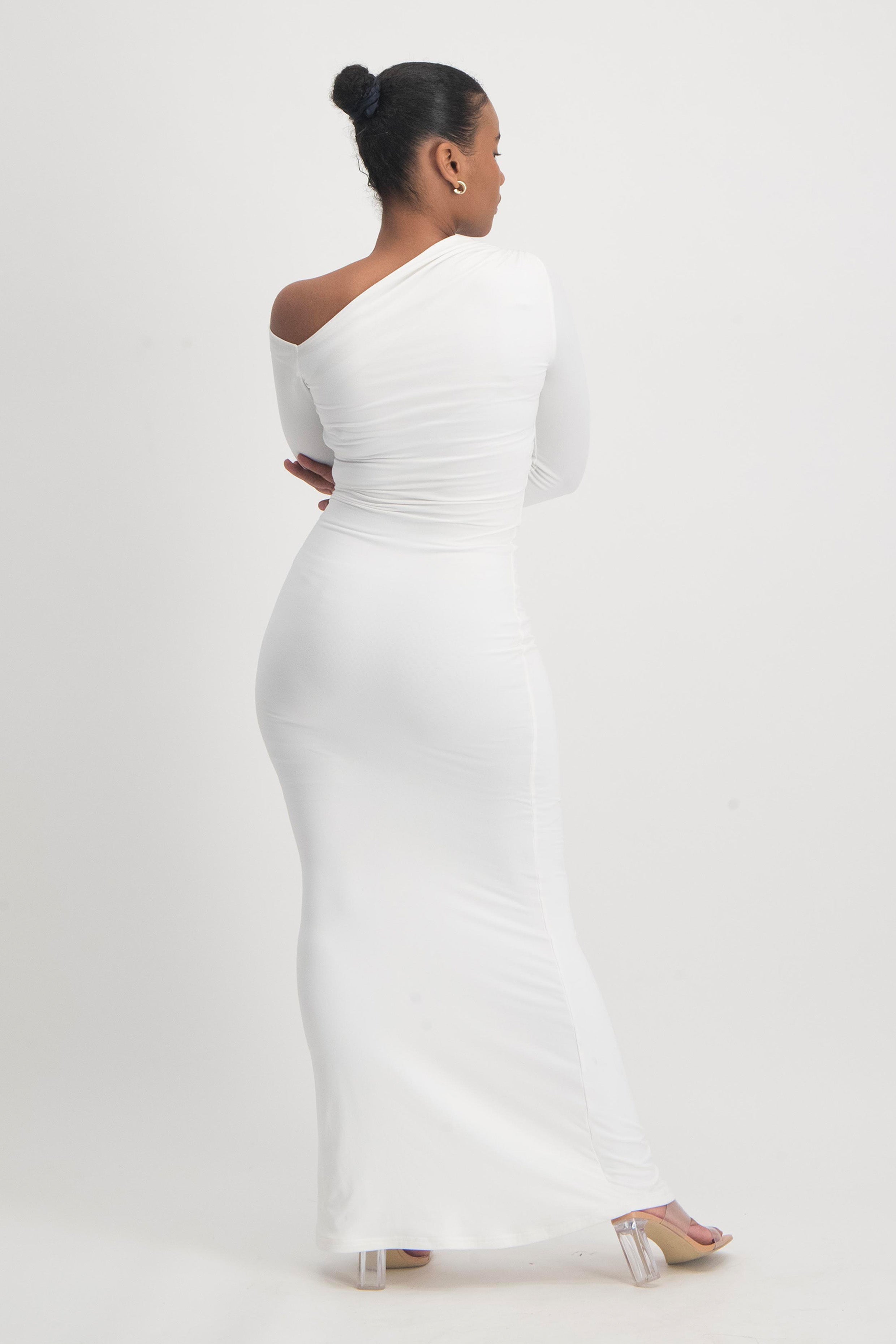Contradiction Cream One-Sleeve Asymmetric Maxi Dress – Club